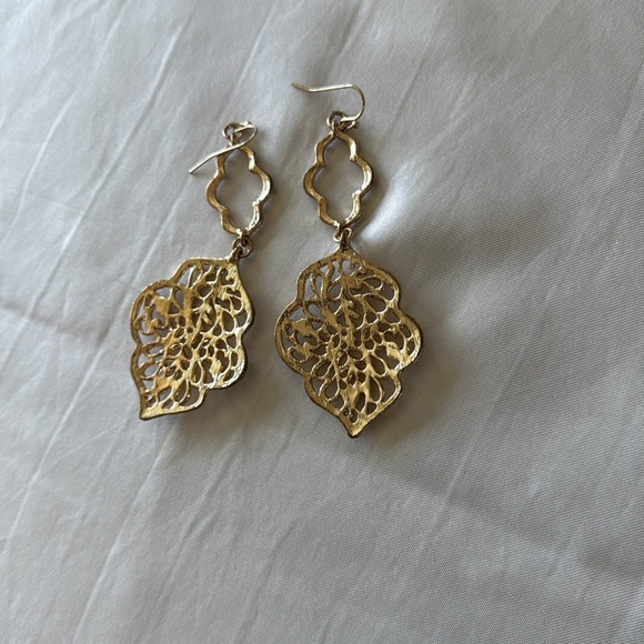 Elegant Gold Filigree Dangle Earrings Rhinestone Accents 3.25” Statement Glamour - Picture 4 of 8
